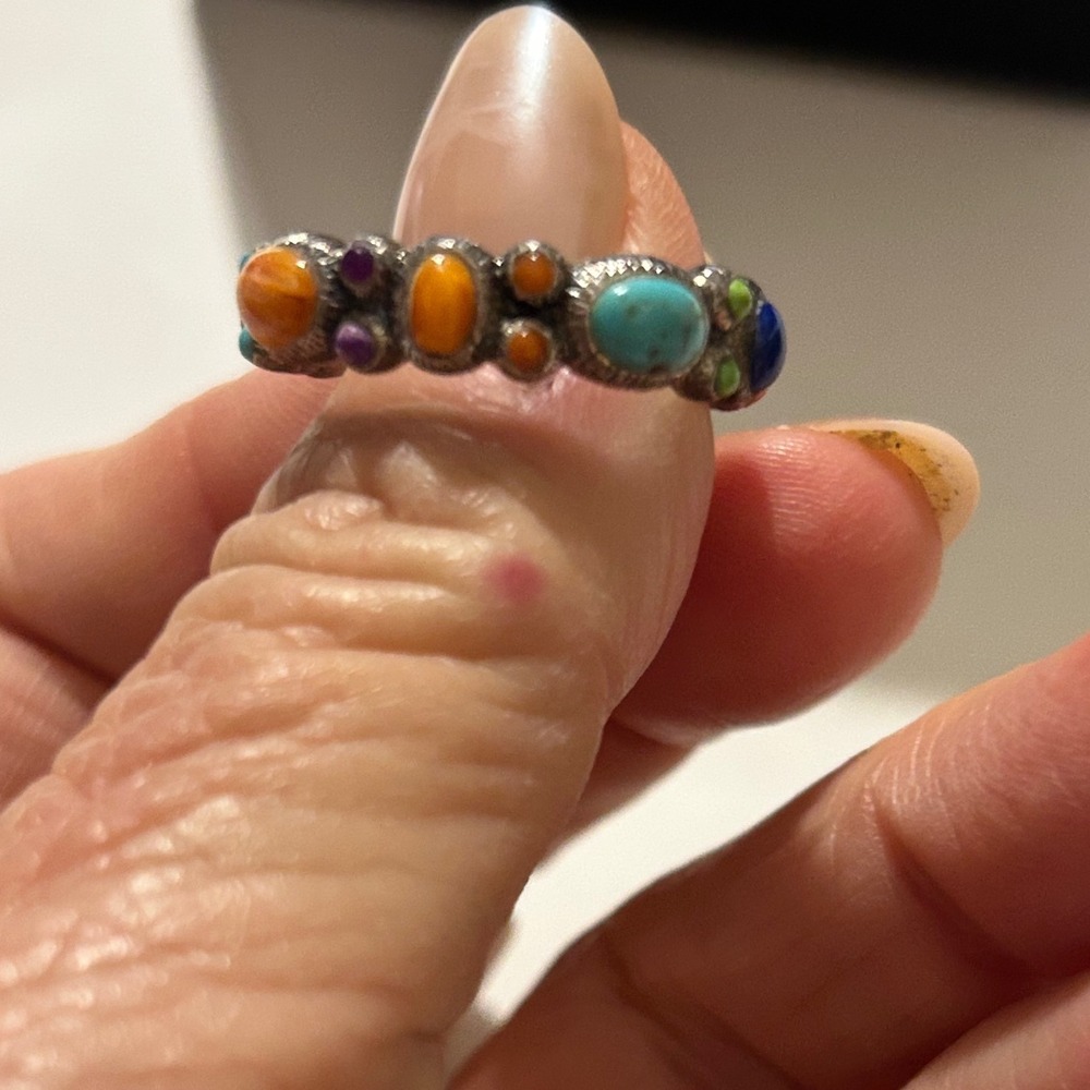 925 Sterling Silver Multi Color Cabochon Gemstone Bohemian Statement Ring Sz 8